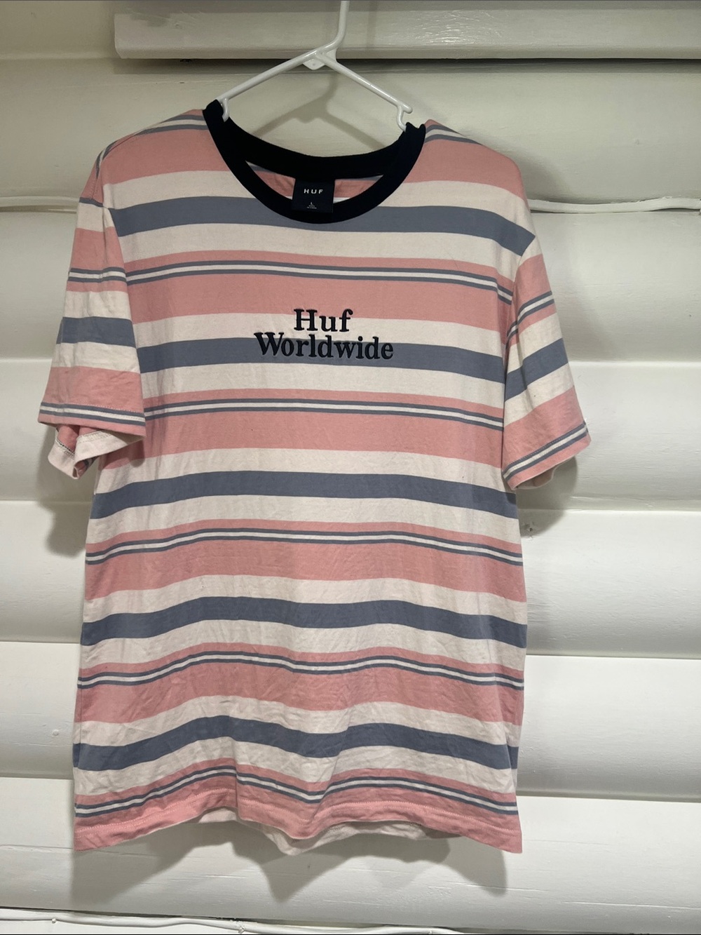 HUF Pink, White & Gray Striped Crewneck Tee